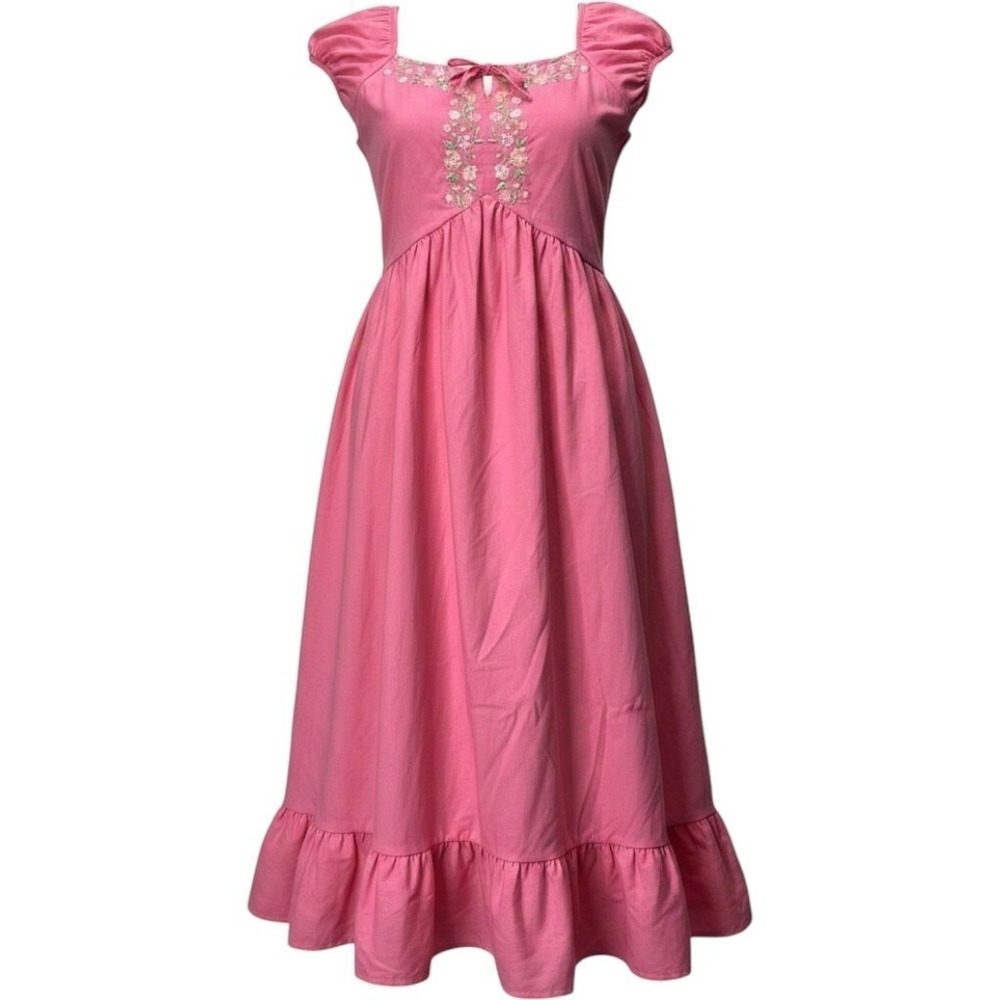 Blueberi Boulevard Pink Floral Embroidered Maxi Dress Smocked Back Ruffle Hem L